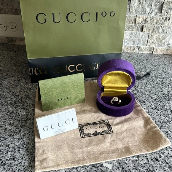 GUCCI ππ Gold Crystal Embellishment Double G Ring - Size 6/7 NWT - Picture 2 of 11